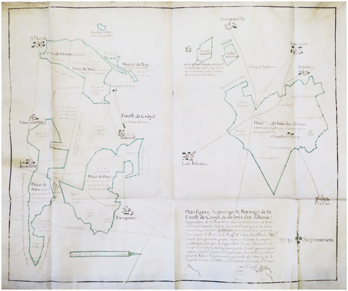  [YVELINES] Plan figure, arpentage & bornage de la Forest de Cruy&euml;, & du bois des Alluais, deppendans de la maistrise de Sainct Germain en Lay&euml;.. ...