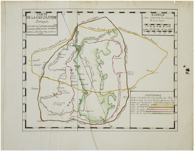  [MER CASPIENNE] Carte de la mer Caspiene, distingu&eacute;e suivant les diff&eacute;rentes repr&eacute;sentations des g&eacute;ographes anciens et modernes jointes &agrave; celle de Sa ...