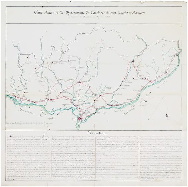 [VAUCLUSE] Carte itin&eacute;raire du d&eacute;partement de Vaucluse o&ugrave; sont d&eacute;sign&eacute;es les barri&egrave;res &eacute;tablies sur les routes de ce d&eacute;partement.. [ANONYME].