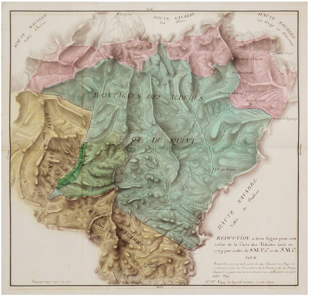  [BASSE-NAVARRE] R&eacute;duction &agrave; deux lignes pour cent toises de la carte des Aldudes par ordre de S.M.T.C. et de S.M.C. pour raprocher sous un seul point ...