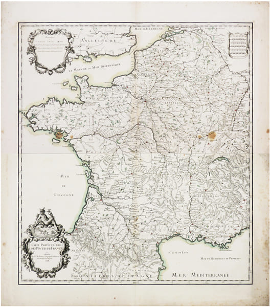  [POSTES] Carte particuli&egrave;re des postes de France. Partie septentrionale de la France - Partie m&eacute;ridionale de la France.. JAILLOT (Alexis-Hubert).