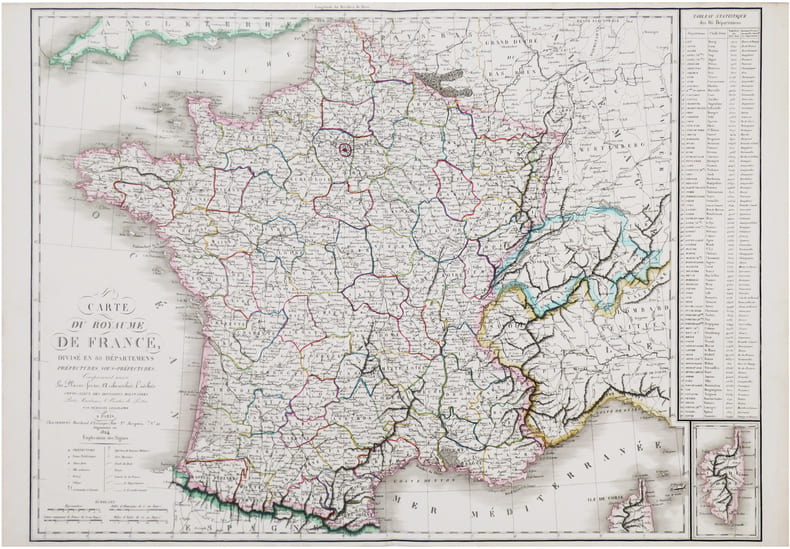  Carte du royaume de France divis&eacute; en 86 d&eacute;partemens, pr&eacute;fectures, sous-pr&eacute;fectures, comprenant aussi les places-fortes, archev&ecirc;ch&eacute;s, &eacute;v&ecirc;ch&eacute;s, ...