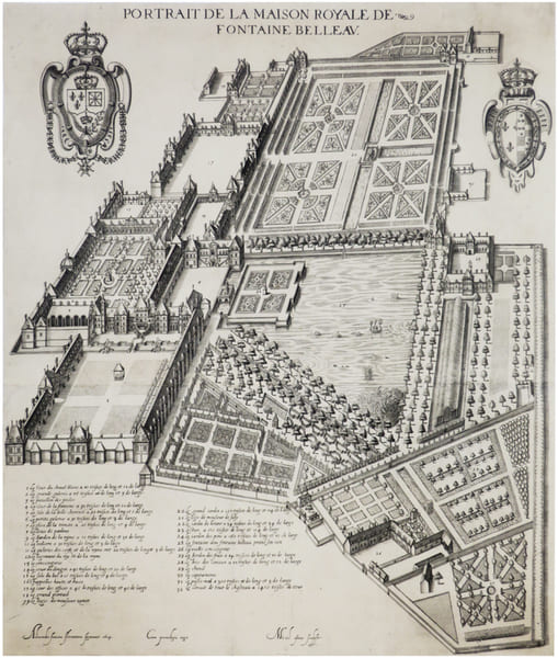  [FONTAINEBLEAU] Portrait de la maison royale de Fontaine Belleau. Alexander Francini Florentinus figuravit 1614. Cum privilegio Regis. Micael Asinius ...
