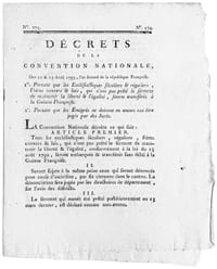 Décrets de la Convention Nationale, des 21 & 23 avril 1793, l'an second de la république Françoise, 1° portant que les ecclésiastiques […] qui n'ont pas prêté le serment de maintenir la liberté & l'égalité, seront transférés à la Guiane françoise. 2° portant que les émigrés ne doivent en aucun cas être jugés par des jurés.