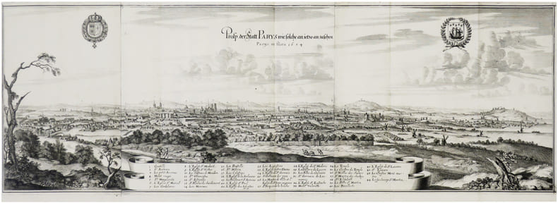  Prosp. der Statt Parys wie solche an ietzo anzusehen. Par&yuml;s in flora 1654.. MERIAN (Matth&auml;us).
