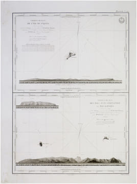  [ÎLES de PÂQUES & JUAN FERNANDEZ/CHILI] Croquis de plan de l'île de Pâques - Croquis de plan des îles Juan Fernandez et Mas-a-Fuera.. DU ...