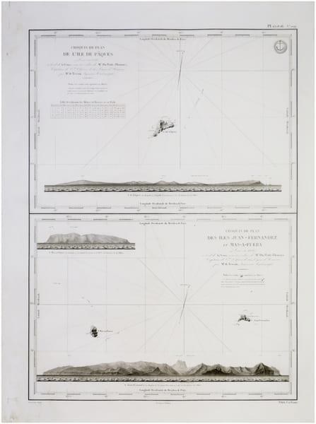  [&Icirc;LES de P&Acirc;QUES & JUAN FERNANDEZ/CHILI] Croquis de plan de l'&icirc;le de P&acirc;ques - Croquis de plan des &icirc;les Juan Fernandez et Mas-a-Fuera.. DU ...