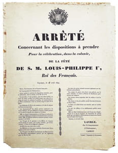 Arrêté concernant les dispositions à prendre pour la célébration, dans la colonie, de la fête de S.M. Louis-Philippe Ier, Roi des Français.