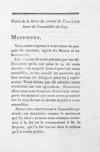 Copie de la lettre du comité du Trou à une lettre de l'Assemblée du Cap.