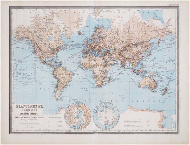  Planisph&egrave;re terrestre indiquant les lignes modernes de grande communication par terre et par mer. Chemins de fer - Paquebots - T&eacute;l&eacute;graphie ...