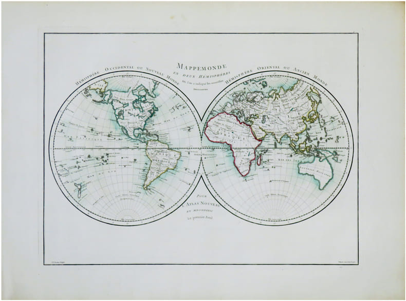  Mappemonde suivant la projection des cartes r&eacute;duites ; o&ugrave; l'on a trouv&eacute; les routes de M.r de Bougainville, et les deux derniers voyages du capitaine ...