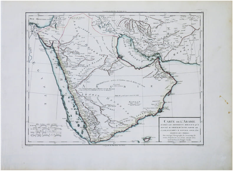  Carte de l'Arabie d'apr&egrave;s les diff&eacute;rents morceaux qu'a donn&eacute;s M. Niebuh de cette partie de l'Asie, et d'apr&egrave;s M. Danville pour l'int&eacute;rieur des ...