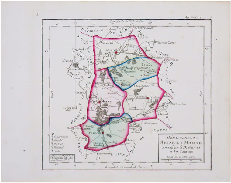  [SEINE-et-MARNE] D&eacute;partement de Seine et Marne divis&eacute; en 5 districts et 37 cantons.. CHANLAIRE (Pierre-Gr&eacute;goire) & MENTELLE (Edm&eacute;).