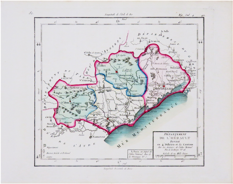  [HÉRAULT] Département de l’Hérault divisé en 4 districts et 52 cantons.. CHANLAIRE (Pierre-Grégoire) & MENTELLE (Edmé).