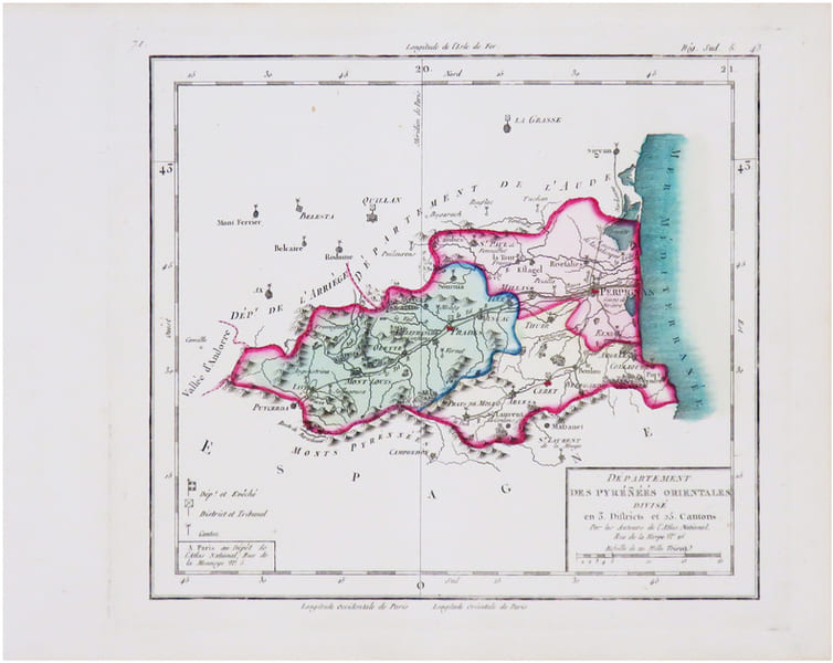 [PYR&Eacute;N&Eacute;ES-ORIENTALES] D&eacute;partement des Pyr&eacute;n&eacute;es Orientales divis&eacute; en 3 districts et 25 cantons.. CHANLAIRE (Pierre-Gr&eacute;goire) & MENTELLE (Edm&eacute;).