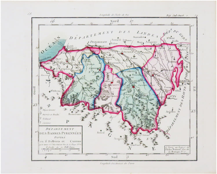 [PYR&Eacute;N&Eacute;ES-ATLANTIQUES] D&eacute;partement des Basses Pyrenn&eacute;es divis&eacute; en 6 districts et [   ] cantons.. CHANLAIRE (Pierre-Gr&eacute;goire) & MENTELLE (Edm&eacute;).