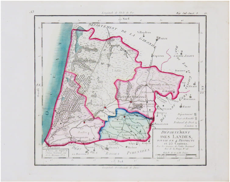  [LANDES] D&eacute;partement des Landes divis&eacute; en 4 districts et 25 cantons.. CHANLAIRE (Pierre-Gr&eacute;goire) & MENTELLE (Edm&eacute;).
