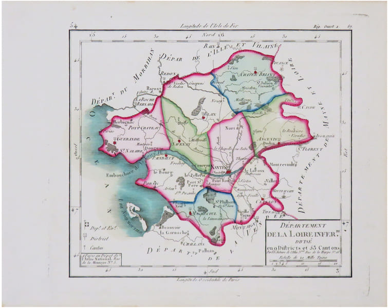  [LOIRE-ATLANTIQUE] D&eacute;partement de la Loire Inf&eacute;r.re divis&eacute; en 9 districts et 53 cantons.. CHANLAIRE (Pierre-Gr&eacute;goire) & MENTELLE (Edm&eacute;).