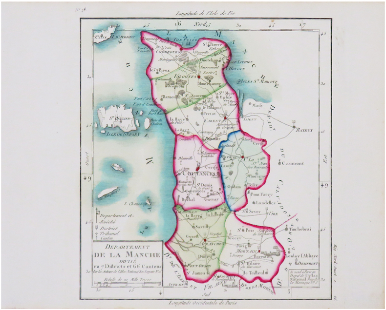  [MANCHE] Département de la Manche divisé en 7 districts et 66 cantons.. CHANLAIRE (Pierre-Grégoire) & MENTELLE (Edmé).