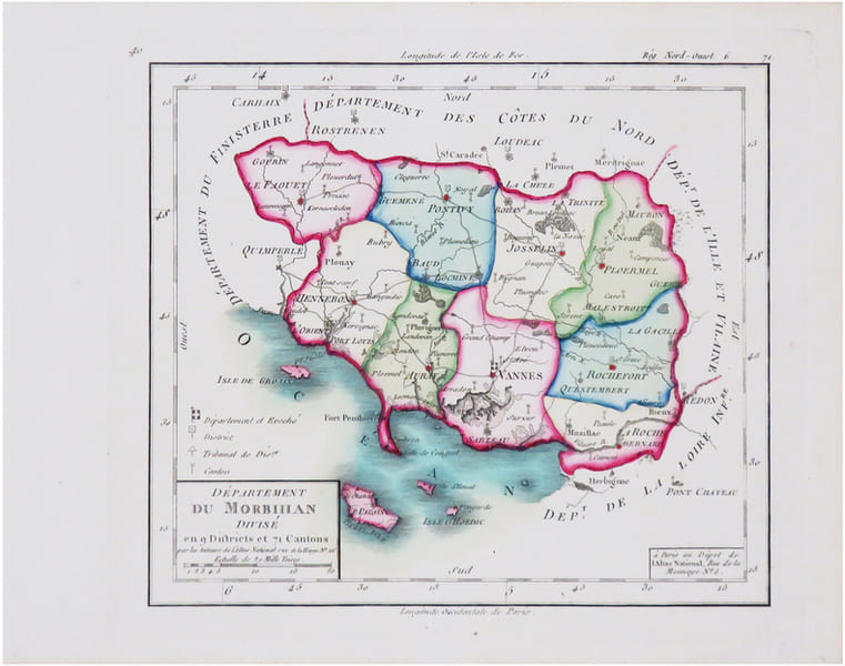  [MORBIHAN] D&eacute;partement du Morbihan divis&eacute; en 9 districts et 71 cantons.. CHANLAIRE (Pierre-Gr&eacute;goire) & MENTELLE (Edm&eacute;).