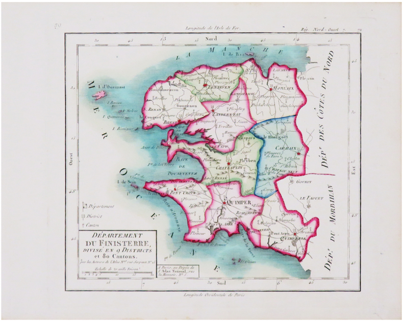  [FINISTÈRE] Département du Finisterre divisé en 9 districts et 80 cantons.. CHANLAIRE (Pierre-Grégoire) & MENTELLE (Edmé).