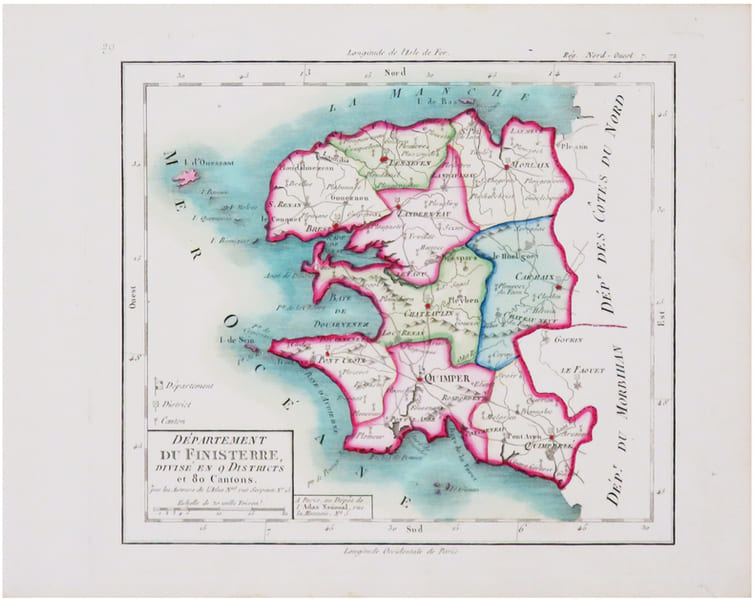  [FINIST&Egrave;RE] D&eacute;partement du Finisterre divis&eacute; en 9 districts et 80 cantons.. CHANLAIRE (Pierre-Gr&eacute;goire) & MENTELLE (Edm&eacute;).
