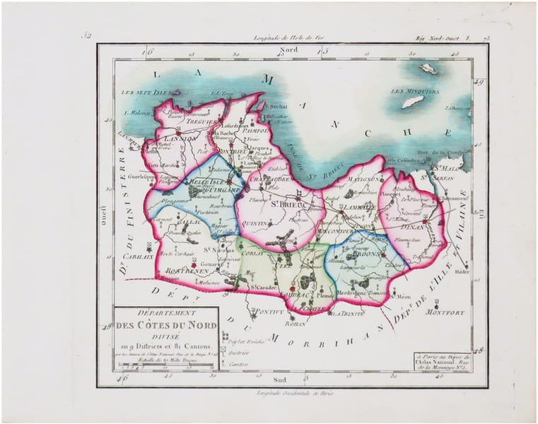  [C&Ocirc;TES d'ARMOR] D&eacute;partement des C&ocirc;tes du Nord divis&eacute; en 9 districts et 81 cantons.. CHANLAIRE (Pierre-Gr&eacute;goire) & MENTELLE (Edm&eacute;).