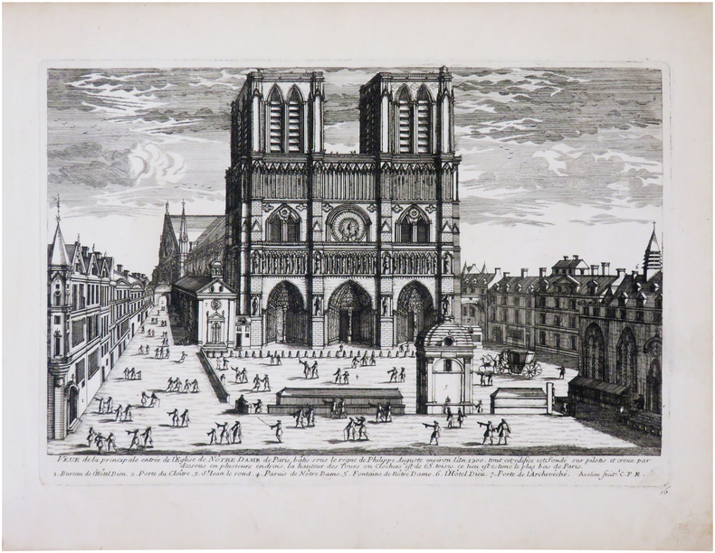  [NOTRE-DAME] Veue de la principale entrée de l'église de Nôtre Dame de Paris, bâtie sous le règne de Philippe Auguste environ l'an 1200.. AVELINE ...