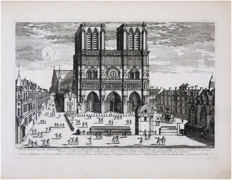  [NOTRE-DAME] Veue de la principale entr&eacute;e de l'&eacute;glise de N&ocirc;tre Dame de Paris, b&acirc;tie sous le r&egrave;gne de Philippe Auguste environ l'an 1200.. AVELINE ...