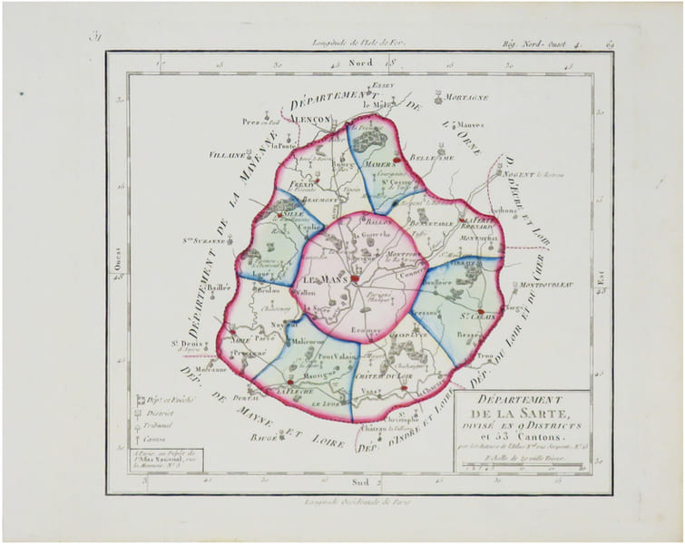  [SARTHE] D&eacute;partement de la Sarte, divis&eacute; en 9 districts et 53 cantons.. CHANLAIRE (Pierre-Gr&eacute;goire) & MENTELLE (Edm&eacute;).