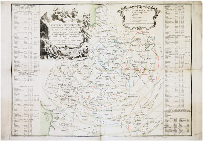  [COUR des AIDES] Carte des jurisdictions ressortissantes en la Cour des Aydes de Paris. &Eacute;lections, greniers &agrave; sel, juges des traites foraines, des ...