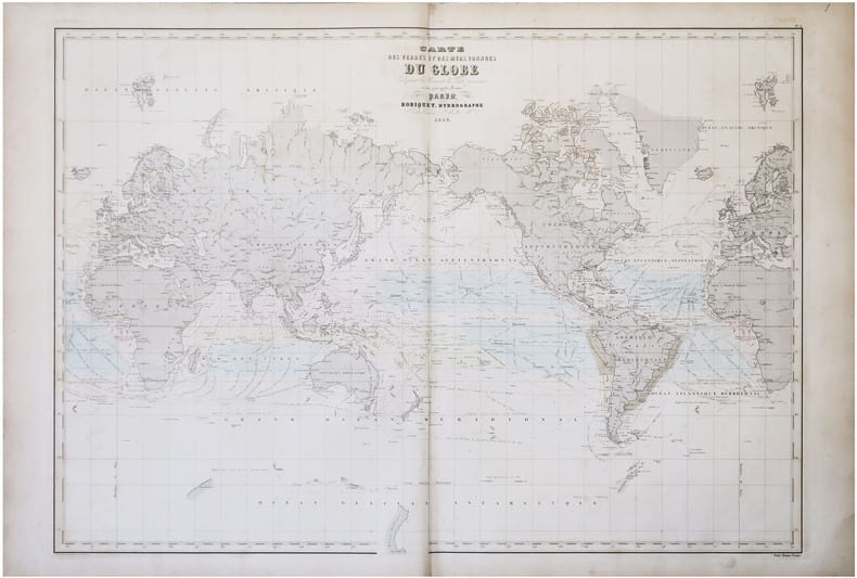  Carte des terres et des mers connues du globe indiquant les courants, les vents g&eacute;n&eacute;raux et les principales routes.. ROBIQUET (Aim&eacute;).