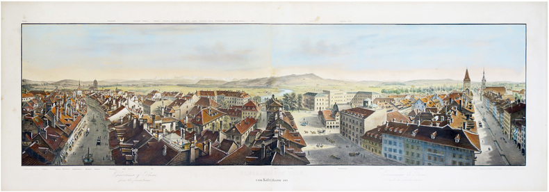  [BERNE] Panorama von Bern vom Käfigthurm aus - Panorama of Berne, from the prison tower - Panorama de Berne vue de la Tour des prisons.. HUBER ...