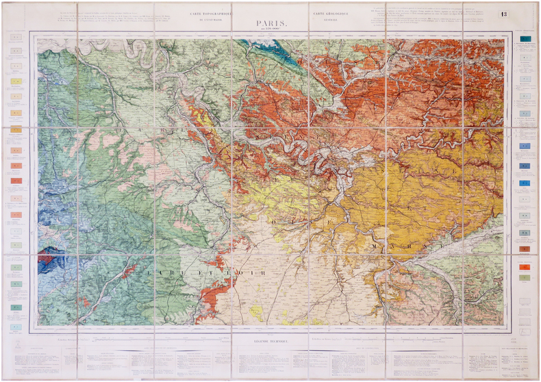  [PARIS/GÉOLOGIE] Carte topographique de l'État-Major. Carte géologique générale. Paris au 320,000e. Feuille n°13.. DOLLFUS (Gustave-Frédéric) & BIGOT ...