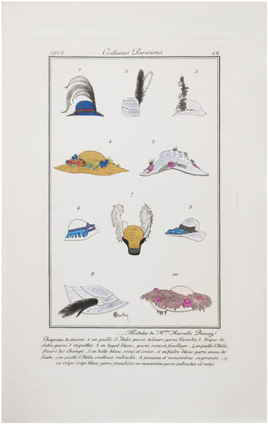  Costumes parisiens. Planche n&deg;12. Mod&egrave;les de M.me Marcelle Demay. Chapeaux de saison. 1. en paille d'Italie, passe velours, garni paradis. 2. toque ...