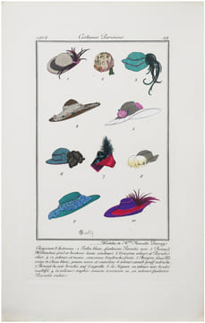 Costumes parisiens. Planche n°19. Modèles de M.me Marcelle Demay. Chapeaux d'automne. 1. satin blanc fantaisie paradis noir ; 2. bonnet hollandais ...