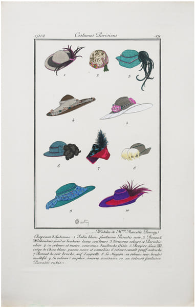  Costumes parisiens. Planche n&deg;19. Mod&egrave;les de M.me Marcelle Demay. Chapeaux d'automne. 1. satin blanc fantaisie paradis noir ; 2. bonnet hollandais ...