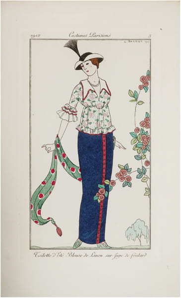  Costumes parisiens. Planche n&deg;3. Toilette d’&eacute;t&eacute;. Blouse de linon sur jupe de foulard.. BARBIER (Georges) & COSTUMES PARISIENS.