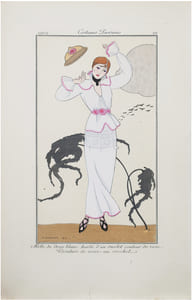 Costumes parisiens. Planche n°21. Robe de drap blanc bordé d'un ourlet couleur de rose. Ceinture de roses au crochet.