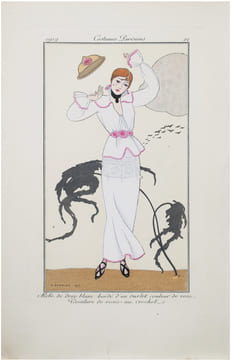 Costumes parisiens. Planche n°21. Robe de drap blanc bordé d'un ourlet couleur de rose. Ceinture de roses au crochet.. BARBIER (Georges) & COSTUMES ...