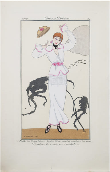  Costumes parisiens. Planche n&deg;21. Robe de drap blanc bord&eacute; d'un ourlet couleur de rose. Ceinture de roses au crochet.. BARBIER (Georges) & COSTUMES ...