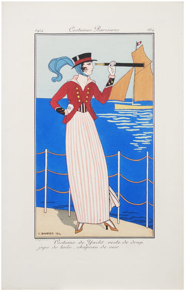  Costumes parisiens. Planche n&deg;164. Costume de yacht : veste de drap, jupe de toile, chapeau de cuir.. BARBIER (Georges) & COSTUMES PARISIENS.