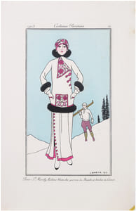 Costumes parisiens. Planche n°51. Pour S.t Moritz. Ratine blanche garnie de skunks et brodée de laines.