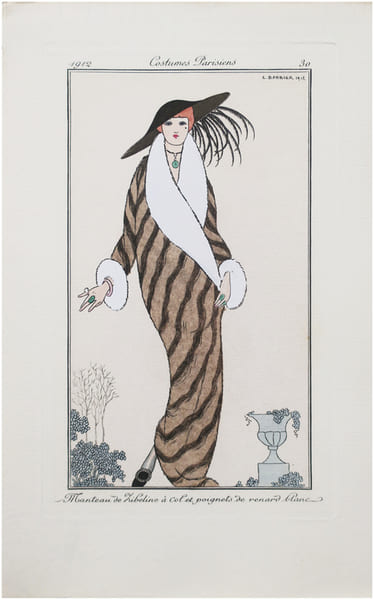  Costumes parisiens. Planche n&deg;30. Manteau de zibeline &agrave; col et poignets de renard blanc.. BARBIER (Georges) & COSTUMES PARISIENS.