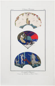  [ÉVENTAILS] Costumes parisiens. Planche n°42. Éventails de Paquin d'après G. Barbier et Paul Iribe.