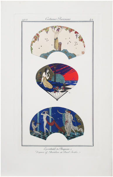  [&Eacute;VENTAILS] Costumes parisiens. Planche n&deg;42. &Eacute;ventails de Paquin d'apr&egrave;s G. Barbier et Paul Iribe.. BARBIER (Georges) & IRIBE (Paul) & COSTUMES ...