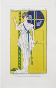 Costumes parisiens. Planche n°84. Grande robe du soir en tulle et satin. Écharpe de velours à glands de perles.