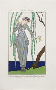 Costumes parisiens. Planche n°91. Robe de taffetas gris à col et manchettes de linon, et gilet de satin à boutons d'émail.