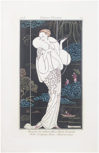 Costumes parisiens. Planche n°112. Manteau de velours blanc brodé de perles. Robe de damas blanc. Souliers roses.