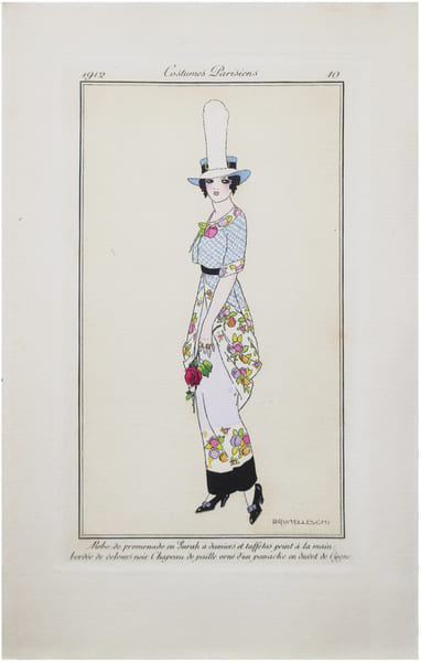  Costumes parisiens. Planche n&deg;10. Robe de promenade en Surah &agrave; damiers et taffetas peint &agrave; la main, bord&eacute;e de velours noir. Chapeau de paille orn&eacute; ...